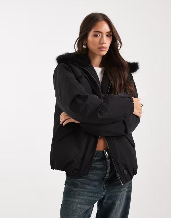 エイソス レディース アウター ジャケット・ブルゾン パーカー ジャケット ASOS DESIGN bomber parka jacket with faux fur hood Black ブラック
