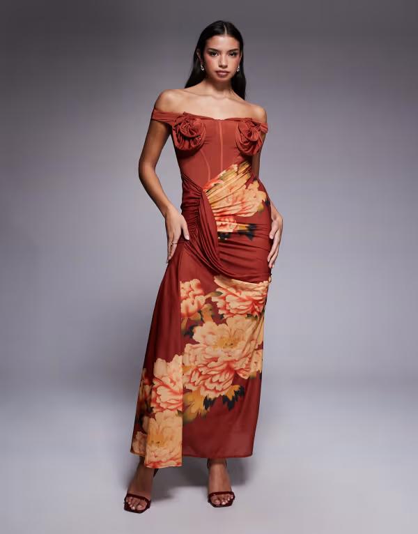 エイソス レディース トップス ワンピース マキシワンピース フラワー柄 ドレープ プリント スカート マキシ フラワー ASOS DESIGN floral bust detail bardot maxi dress with draped skirt in floral print floral print