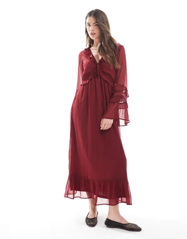 ウェンズデーガール レディース トップス ワンピース Vネック Wednesday's Girl floaty V-neck midaxi dress Burgundy バーガンディ