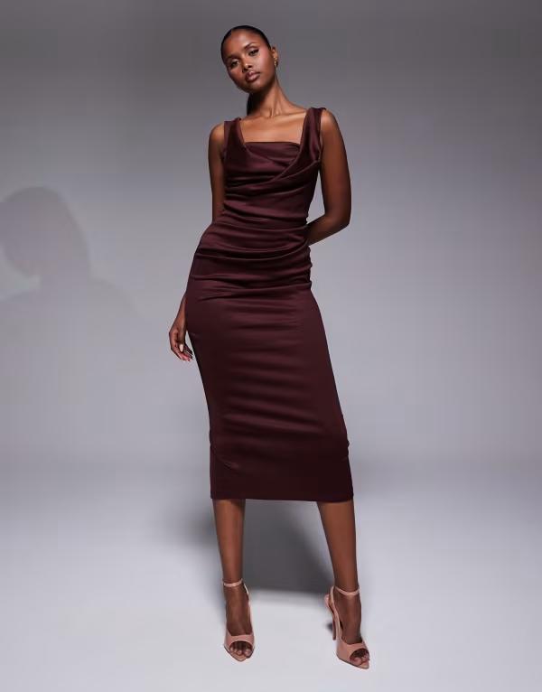 エイソス レディース トップス ワンピース ミディ ASOS DESIGN square neck pleat bust midi pencil dress in chocolate chocolate チョコレート