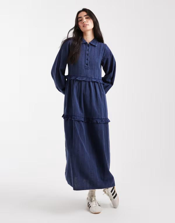 ネイティブユース レディース トップス ワンピース フリル Native Youth textured stripes washed ruffle midaxi dress NAVY ネイビー