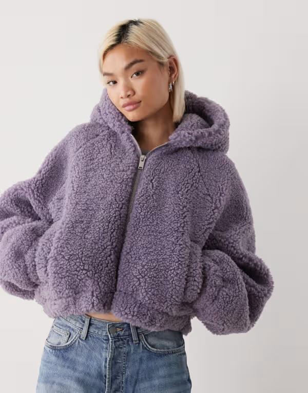 モンキ レディース アウター コート フーデッドジャケット ジャケット Monki zip up teddy hooded jacket in lilac Lilac gray グレー