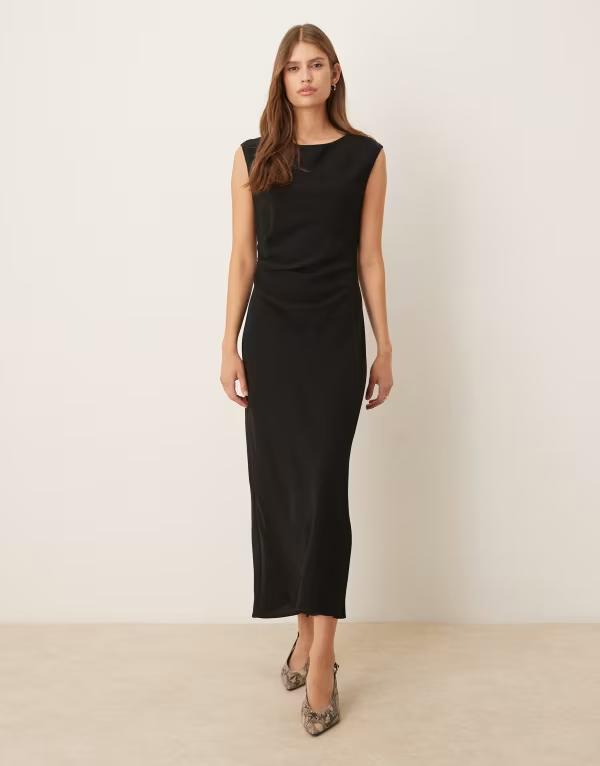 マンゴ レディース トップス ワンピース ミディワンピース ギャザー ミディ ノースリーブ Mango sleeveless ruched side midi dress Black ブラック