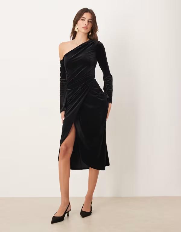 ノーバディーズ チャイルド レディース トップス ワンピース ミディワンピース ギャザー ミディ ベルベット Nobody's Child velvet fallen shoulder ruched midi dress Black ブラック