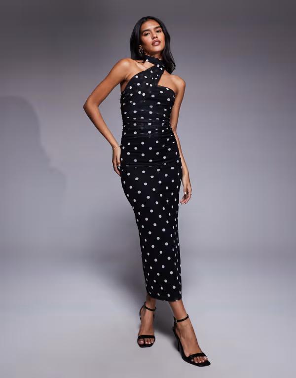 エイソス レディース トップス ワンピース ドット柄 マキシワンピース ドット プリント マキシ ASOS DESIGN printed polka dot bandeau maxi dress with scarf detail Black ブラック