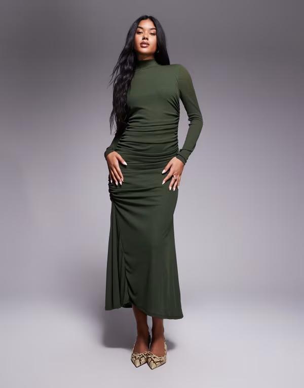 エイソス レディース トップス ワンピース アシンメトリー ハイネック マキシワンピース マキシ ASOS DESIGN high neck long sleeve asymmetric hem maxi dress Khaki カーキ