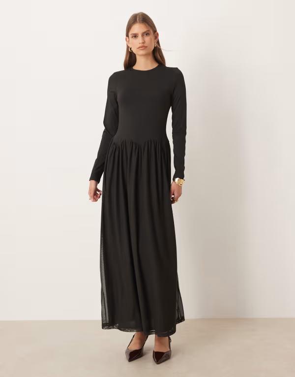 エイソス レディース トップス ワンピース ミディワンピース ミディ ASOS DESIGN slash neck hybrid scalloped waist detail midi dress Black ブラック
