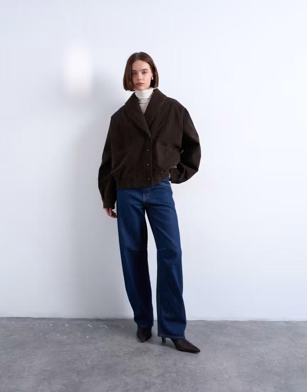 トップショップ レディース アウター ジャケット・ブルゾン スエード ジャケット Topshop faux suede shawl bomber jacket in chocolate chocolate チョコレート