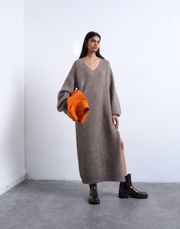 とっ始め販売店 レディース トップス 衣装 Vのど首 midi衣装 midi 編み物 Topshop knit V-neck slouchy MIDI dress インチ chocolate Chocolate 黒茶 ワンピース-レディースファッション