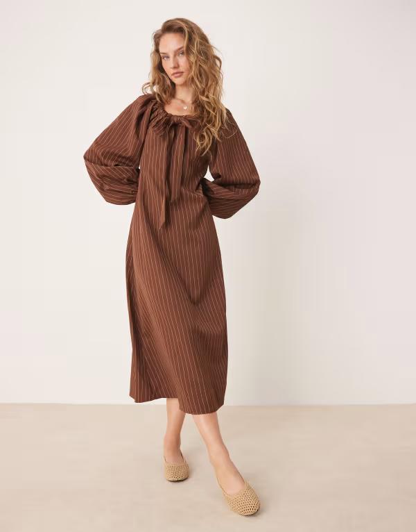 グラマラス レディース トップス ワンピース マキシ Glamorous tie front volume sleeve maxi smock dress white stripe BROWN WHITE STRIPE ホワイト