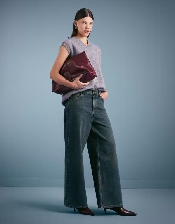 コルージョン レディース ボトムス ジーンズズボン下 ワイドレッグ デニム COLLUSION wide leg mid rise jeans wash GRUNGE BLUE 青み