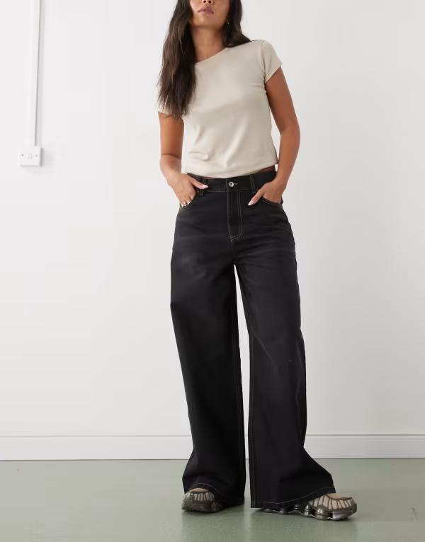 コルージョン レディース ボトムス ジーンズズボン下 ワイドレッグ デニム COLLUSION wide leg mid rise jeans インチ smoky Black 黒いこと