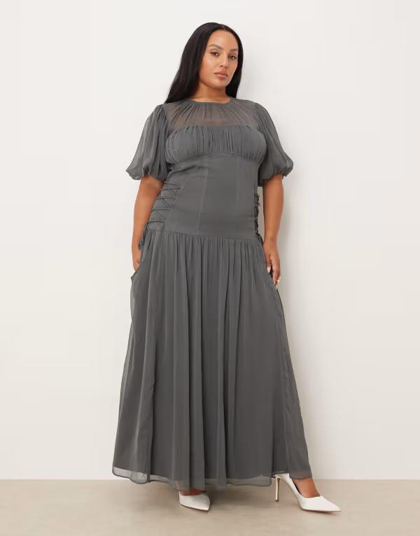エイソス レディース トップス 衣装 シフォン マキシ衣装 マキシ ASOS Curve ASOS DESIGN Curve puff sleeve chiffon maxi dress インチ charcoal Charcoal gray 濃灰色