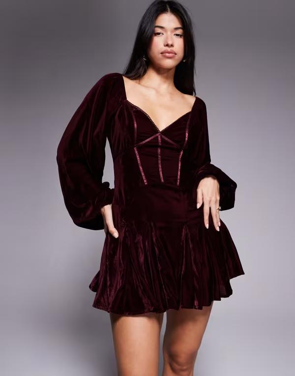 エイソス レディース トップス 衣装 ミニ衣装 ミニ 天鵞絨 ASOS DESIGN velvet corset detail blouson sleeve mini dress Burgundy バーガンディ
