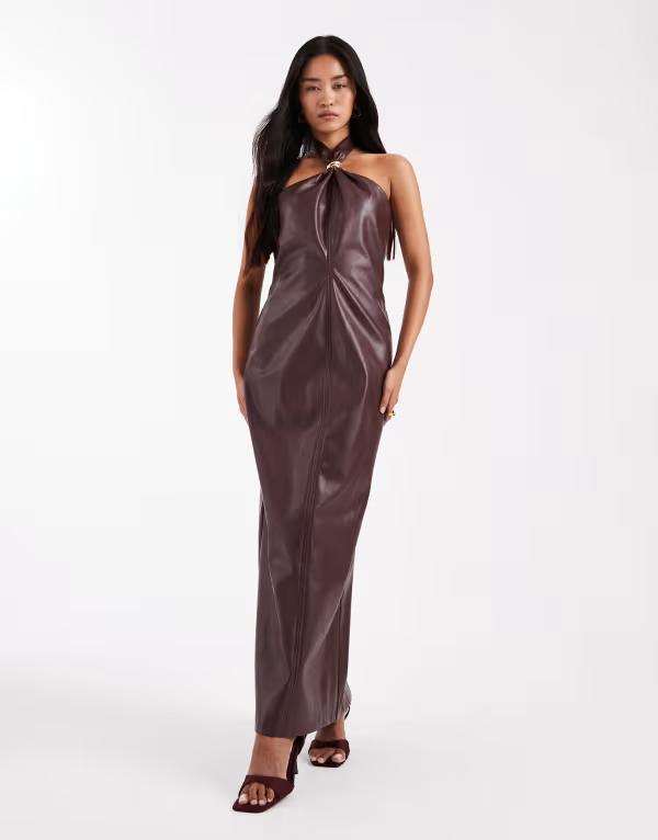 フォース&レックレス レディース トップス ワンピース マキシワンピース レザー マキシ ホルター 4th & Reckless leather look gold hardware knot detail halterneck maxi dress Burgundy バーガンディ｜ReVida 店