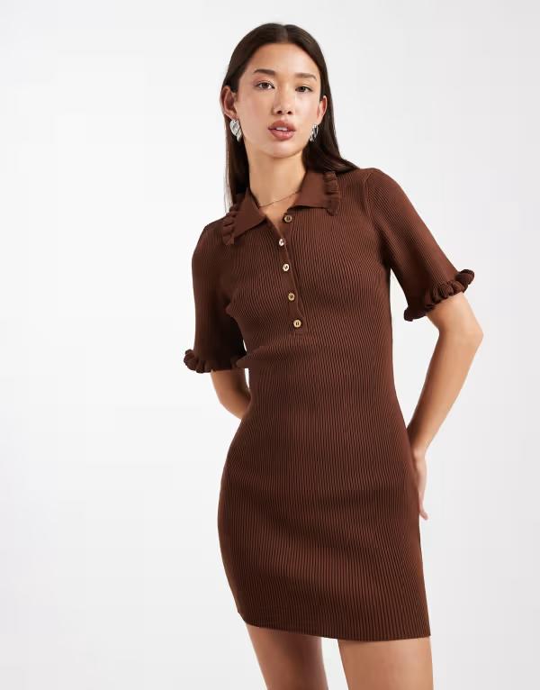 ミスセルフフリッジ レディース トップス ワンピース ミニワンピース フリル ミニ ニット Miss Selfridge ruffle detail knit mini dress BROWN ブラウン