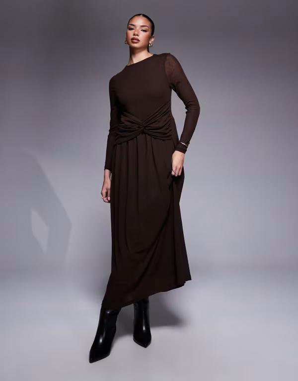 エイソス レディース トップス ワンピース マキシワンピース マキシ ASOS DESIGN long sleeve slash neck twist detail maxi dress in dark Dark brown ブラウン