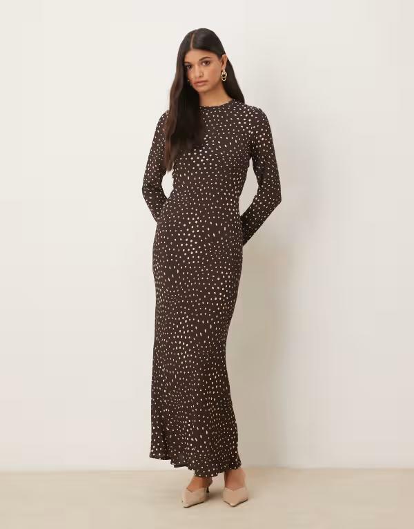 エイソス レディース トップス ワンピース クルーネック マキシワンピース マキシ ASOS DESIGN crew neck long sleeve maxi dress dot Brown Spot ブラウン