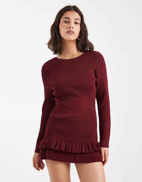 ミスセルフフリッジ レディース トップス ワンピース ニット Miss Selfridge drop waist knit dress Burgundy バーガンディ