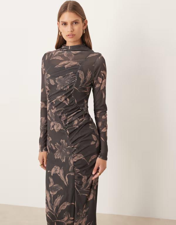 エイソス レディース トップス ワンピース ミディワンピース ドレープ プリント ギャザー ミディ ASOS DESIGN long sleeve drape ruched front detail midi dress in dark print PRINT｜ReVida 店 10,935円