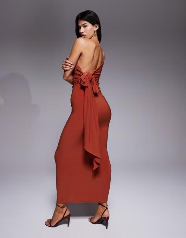 エイソス レディース トップス ワンピース マキシワンピース ギャザー マキシ ASOS DESIGN DESIGN one shoulder ruched maxi dress with bow back in rustラスト
