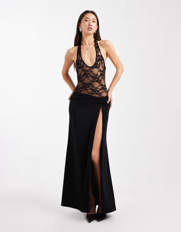 ミスセルフフリッジ レディース トップス ワンピース マキシワンピース レース マキシ Miss Selfridge lace mix maxi dress Black ブラック