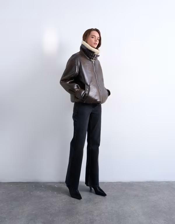 とっ始め販売店 レディース アウター 上衣・上衣 上衣 Topshop oversized tab detail shearling bomber jacket Browncream 赤銅色 レディースファッション-コート・ジャケット