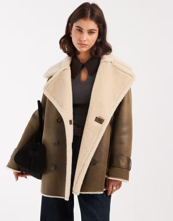 エイソス レディース アウター 厚地の外套 上衣 ASOS DESIGN oversized bonded borg flight jacket Khaki カーキ