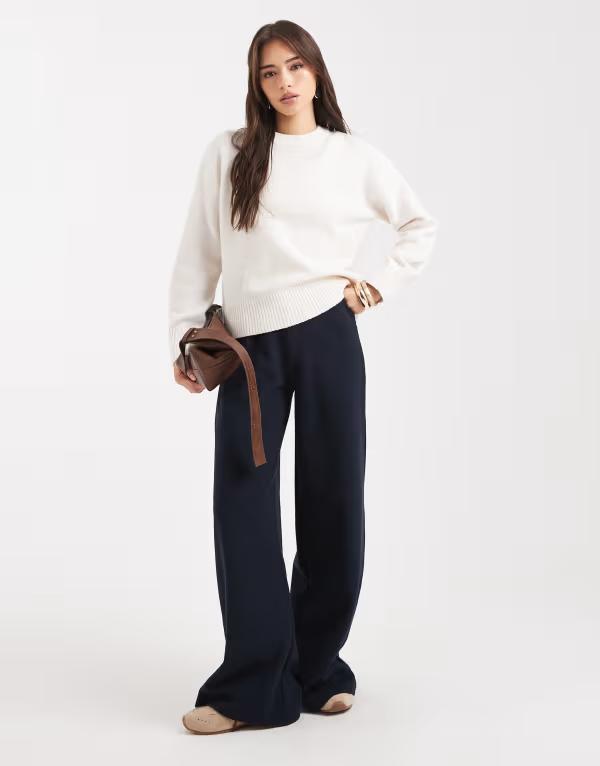 ミスセルフフリッジ レディース ボトムス 心地好いズボン下 ワイドレッグ ズボン下 Miss Selfridge soft rib wide leg pants NAVY 米国海軍