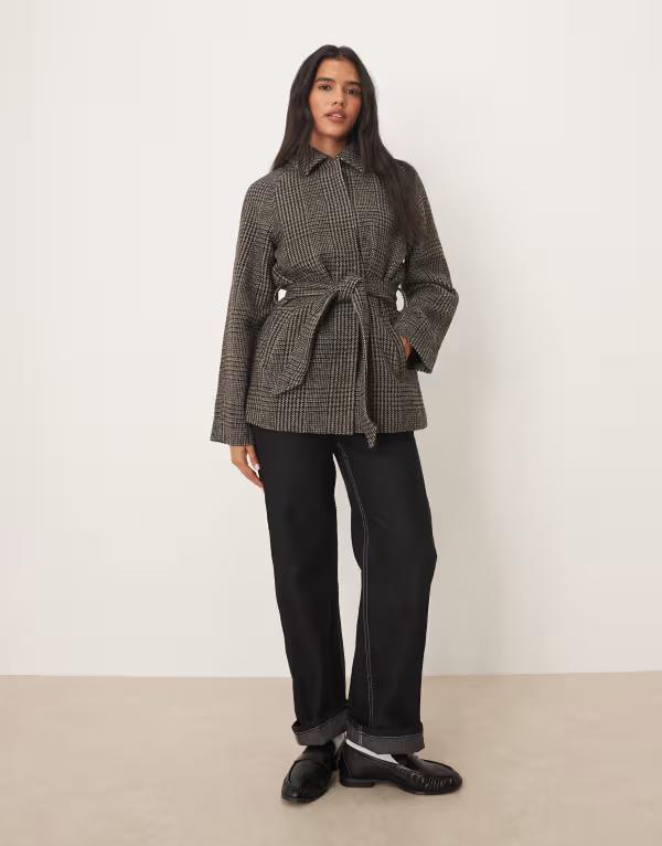 ジェイディーワイ レディース アウター 厚地の外套 JDY tie waist coat インチ dark plaid Gray 薄墨色 コート・ジャケット-レディースファッション