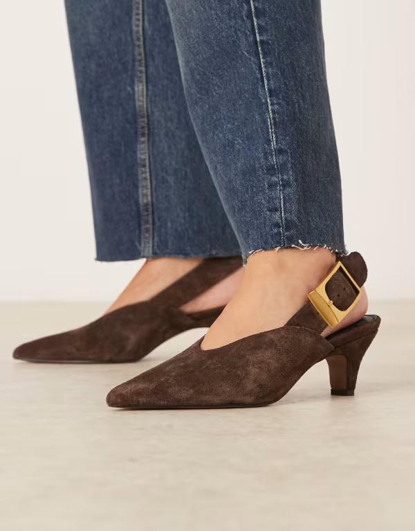 エイソス レディース シューズ ヒール スエード ASOS DESIGN Shiloh large buckle detail slingback kitten heel shoes suede Brown Suede ブラウン