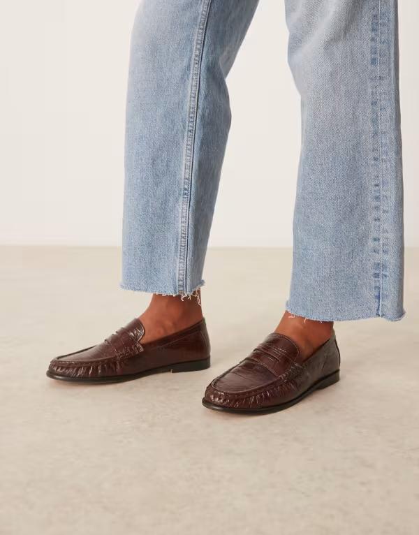 エイソス レディース シューズ スリッポン・ローファー ギャザー レザー ローファー ASOS DESIGN Mayfair premium ruched loafers in chocolate croc emboss leather CHOC CROC LEATHER チョコレート