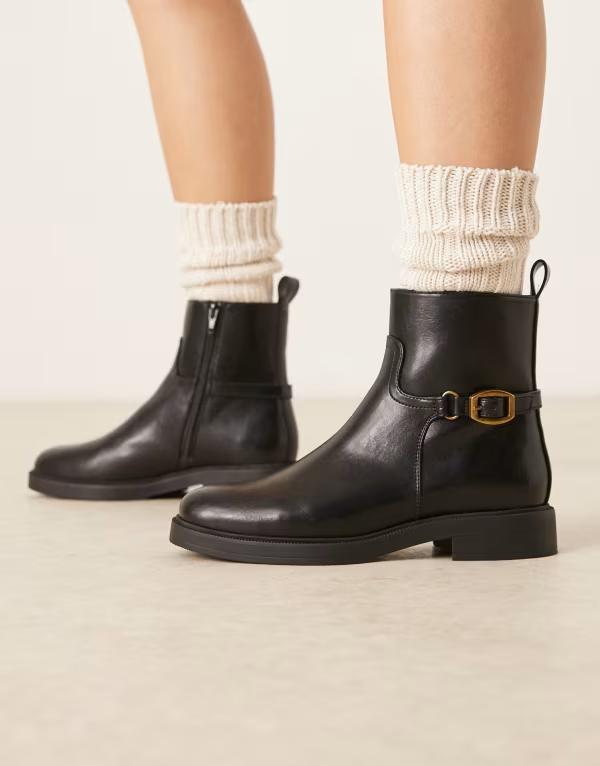 エイソス レディース シューズ ブーツ・レインブーツ アンクル ブーツ ASOS DESIGN Wide Fit Archie flat smart ankle boots with buckle Black ブラック