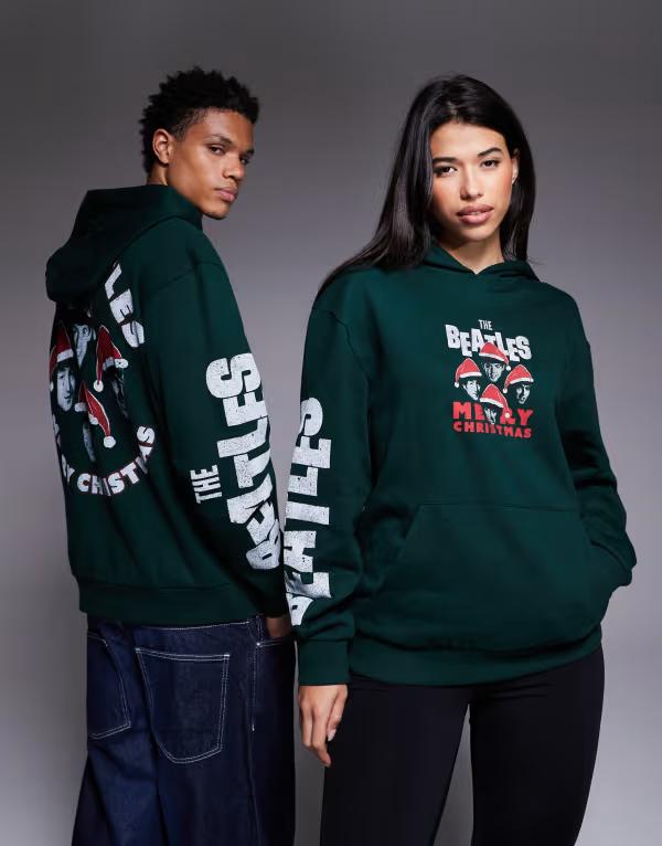 エイソス レディース アウター パーカー・スウェット プリント パーカー ASOS DESIGN unisex Relaxed hoodie with Christmas Beatles print in dark DARK GREEN グリーン