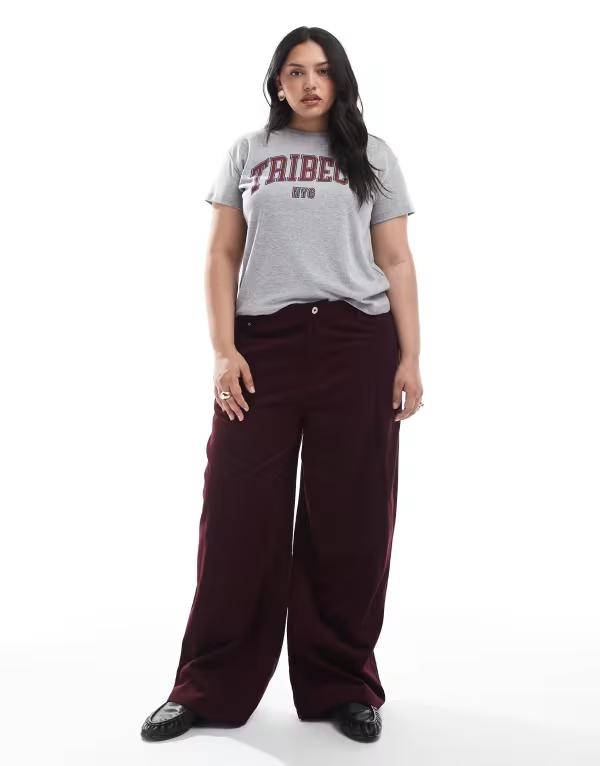 エイソス レディース ボトムス カジュアルパンツ ワイドレッグ パンツ ASOS DESIGN Curve cord wide leg pants pinstripe BURGUNDY PINSTRIPE バーガンディ