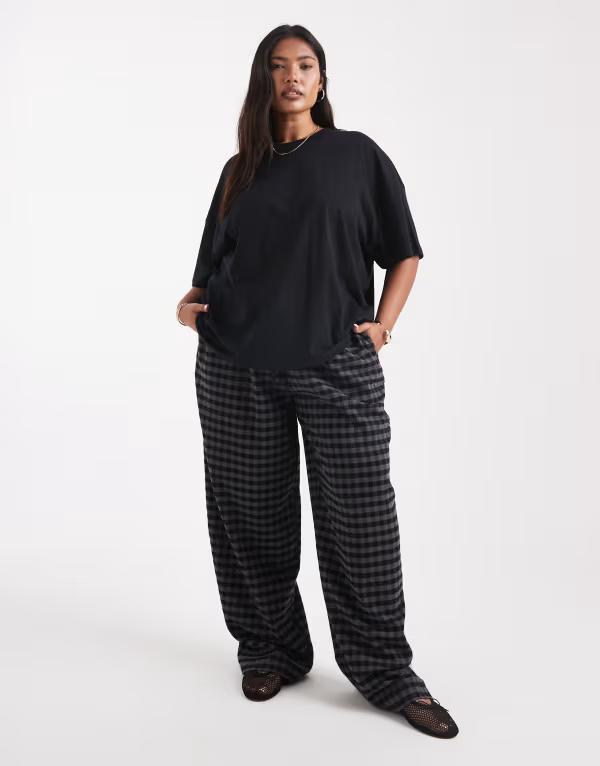 エイソス レディース ボトムス 心地好いズボン下 ギンガム照合のしるし ズボン下 ギンガム ASOS DESIGN Curve pull on tie waist barrel leg pants \u0026 gray gingham Black \u0026 gray check 黒いこと