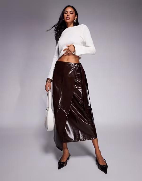 エイソス レディース ボトムス スカート ミディ レザー フェイクレザー ASOS DESIGN high shine faux leather wrap midi skirt Burgundy バーガンディ