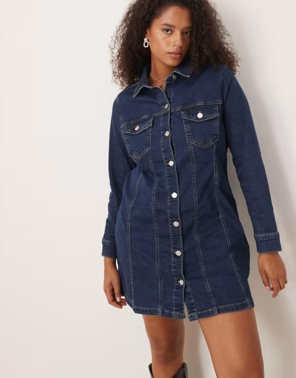 エイソス レディース トップス ワンピース ミニワンピース ミニ シャツ デニム ASOS Curve ASOS DESIGN Curve denim long sleeve fitted shirt mini dress in rinse Rinse デニム