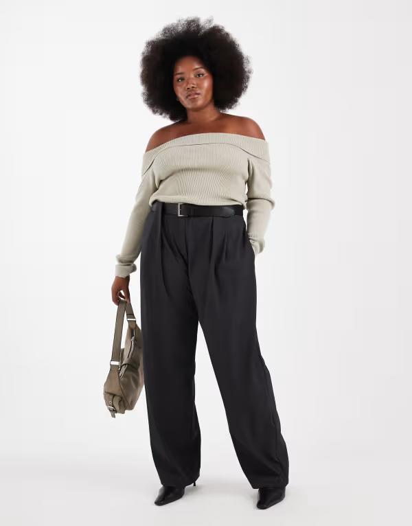 エイソス レディース ボトムス 心地好いズボン下 引っ切り無い ご機嫌酉の方角 ズボン下 ASOS DESIGN Curve tailored high waist belted straight leg pants heather gray heather 薄墨色