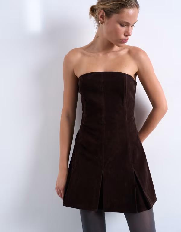 とっ始め販売店 レディース トップス 衣装 ミニ衣装 筋目 ミニ スエードクロス Topshop faux suede bandeau mini dress with pleated hem インチ chocolate Chocolate brown 赤銅色