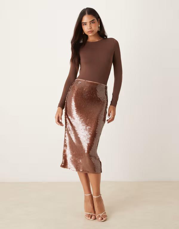 マンゴ レディース ボトムス スカート ミディ スパンコール Mango sequin midi skirt BROWN ブラウン