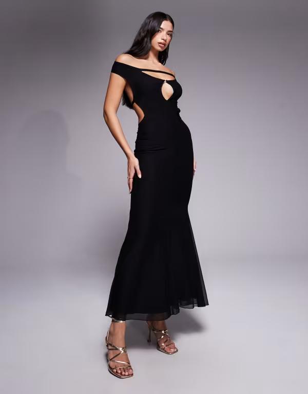 タイガーミスト レディース トップス ワンピース オープンバック マキシワンピース マキシ Tiger Mist Kerrigan off the shoulder keyhole open back strap detail fishtail maxi dress Black ブラック|ReVida 店