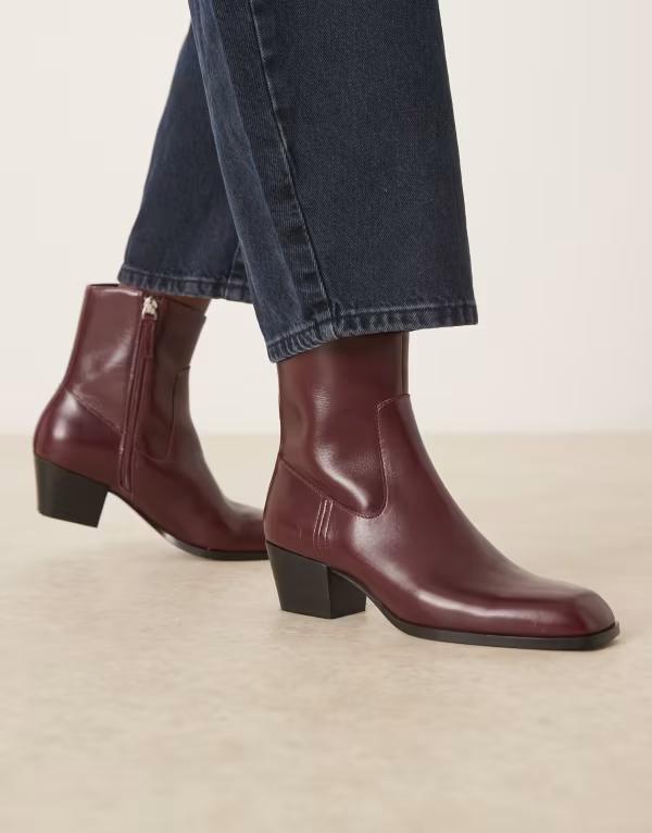 マンゴ レディース シューズ ブーツ・レインブーツ アンクル ブーツ ヒール Mango square toe heeled ankle boots in cherry Cherry レッド｜ReVida 店