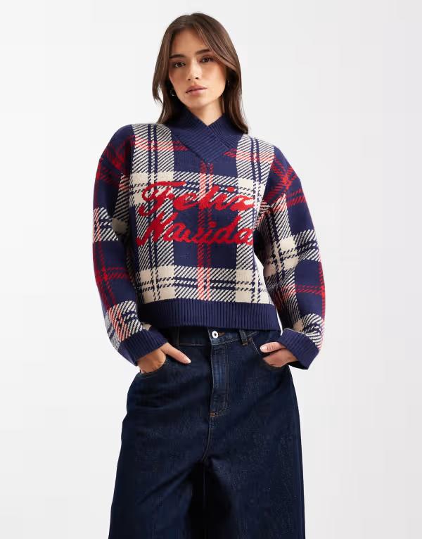 エイソス レディース アウター ニット・セーター Vネック セーター ASOS DESIGN plaid Feliz Navidad boxy high v-neck sweater NAVY ネイビー