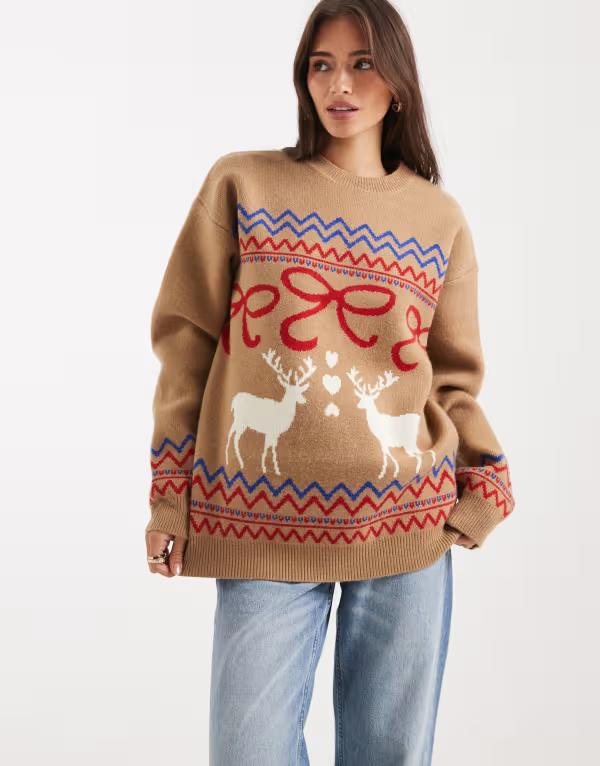 エイソス レディース アウター ニット・セーター セーター ASOS DESIGN oversized reindeer bow sweater in camel Brown ブラウン