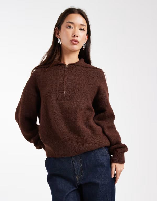 エイソス レディース アウター ニット・セーター ハーフジップ セーター ASOS DESIGN half zip collared sweater Brown ブラウン