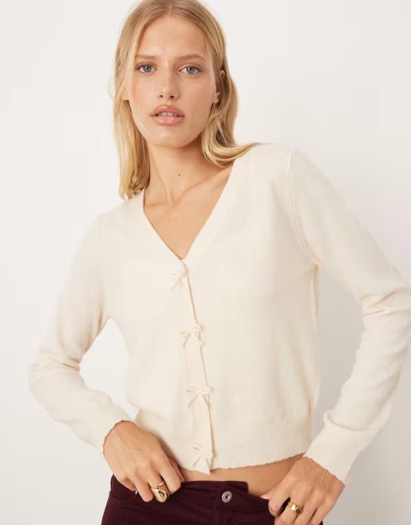 マンゴ レディース アウター カーディガン ウール Mango wool mix bow detail cardigan BEIGE ベージュ|ReVida 店