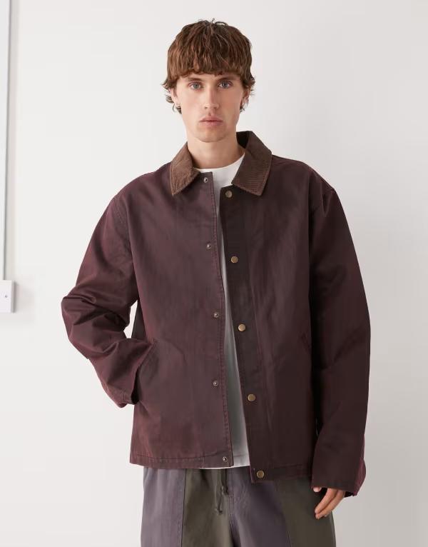 リクレイム ヴィンテージ メンズ アウター ジャケット・ブルゾン コーデュロイ コントラスト ジャケット Reclaimed Vintage wax jacket with contrast corduroy collar Burgundy バーガンディ|ReVida 店