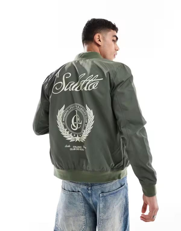 エイソス メンズ アウター ジャケット・ブルゾン プリント ジャケット ASOS DESIGN lightweight bomber jacket with prints Khaki カーキ