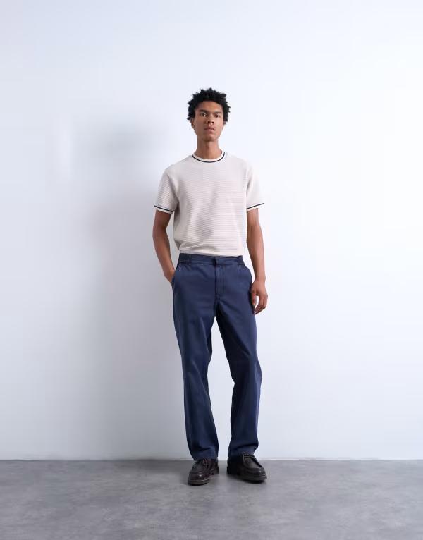 トップマン メンズ ボトムス カジュアルパンツ ストレート パンツ Topman straight leg twill elastic waist pants NAVY ネイビー